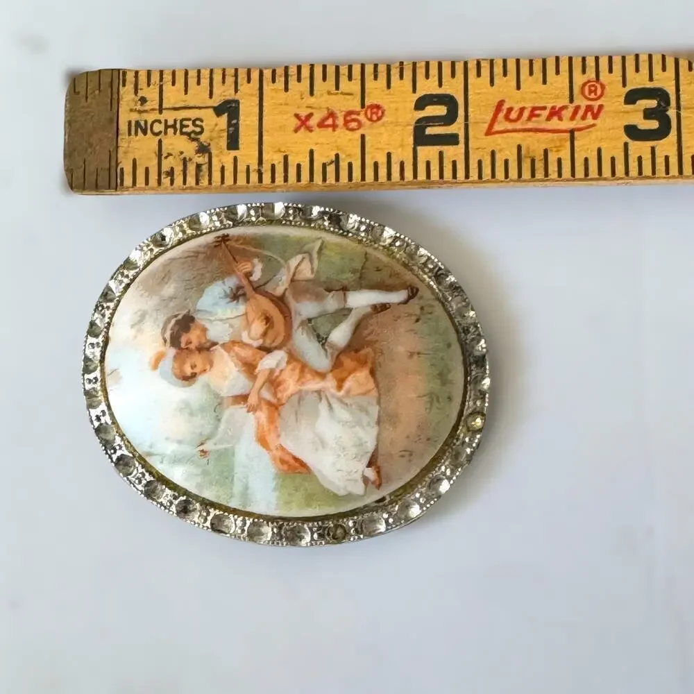 Victorian Lovers Nickel Silver Fragonard Milk Glass Cameo Clip Brooch Vintage